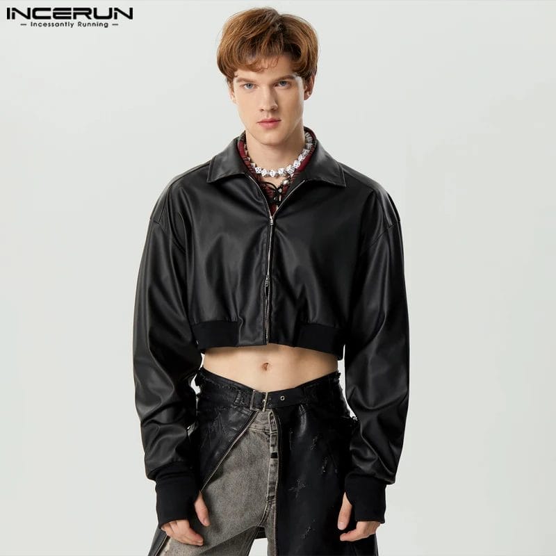 INCERUN Men Jackets PU Leather Patchwork Lapel Long Sleeve Streetwear Fashion Crop Coats Zipper 2023 Punk Casual Jackets S-5XL 1