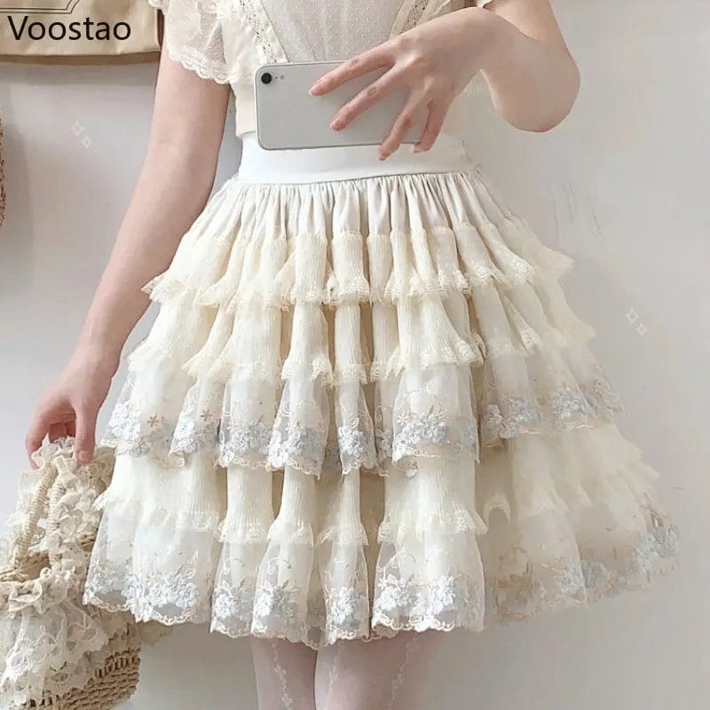 Sweet Gorgeous Lolita Style Princess Skirt Women Elegant Mesh Lace Embroidery Tiered Skirts Girly Kawaii High Waist Party Skirt 1