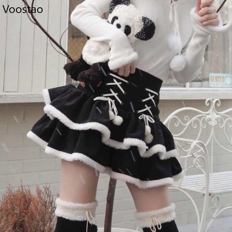 Y2k Lolita Style Corduroy Skirt Women Harajuku Plush Patchwork Black White High Waist Party Mini Skirts Girls Cute Bandage Skirt 1