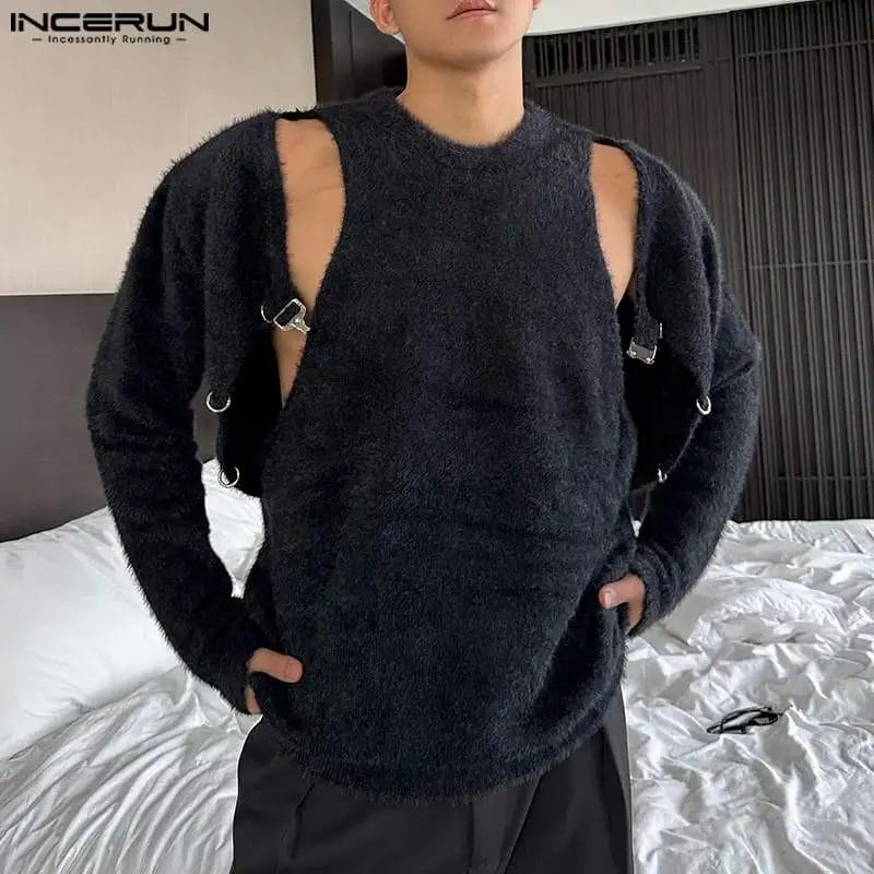 INCERUN Men's Sweaters Solid O-neck Long Sleeve Plush Hollow Out Knitted Male Pullovers Streetwear 2023 Fashion Men Clothing 1