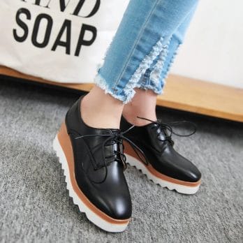 Spring Autumn Women Shoes Platform Casual Shoes Lady Black Flats Heel Shoes Lace Up Black Basic Fashion PU Leather Flats Loafers 4