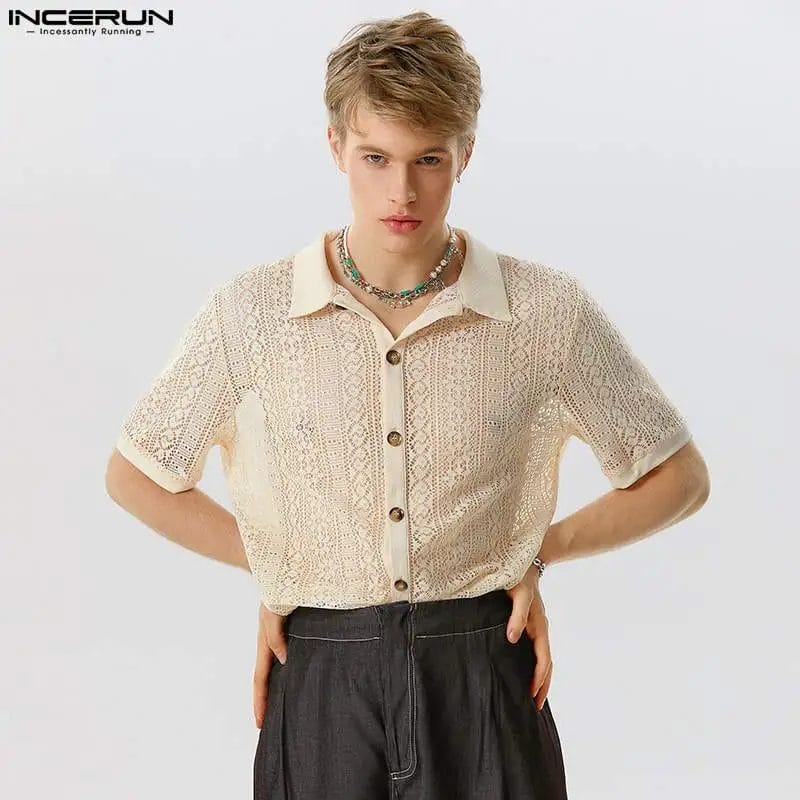 INCERUN 2023 Men Shirt Mesh Lace Solid Transparent Lapel Short Sleeve Button Up Men Clothing Streetwear Summer Sexy Camisas 5XL 1