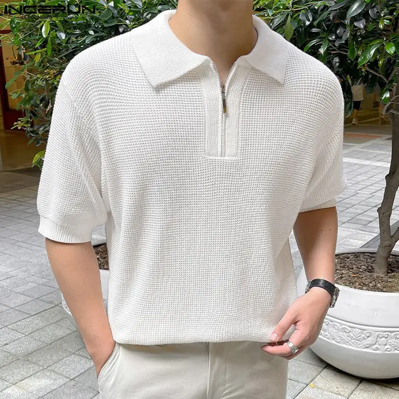 Men's Shirt Lapel Short Sleeve Knitted Streetwear Casual Men Clothing Solid Color Zipper 2024 Korean Style Shirts S-5XL INCERUN 1