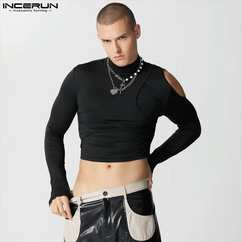 INCERUN Men's T Shirt Solid Color Turtleneck Long Sleeve Hollow Out Fashion Camisetas Streetwear 2023 Irregular Crop Tops S-5XL 1