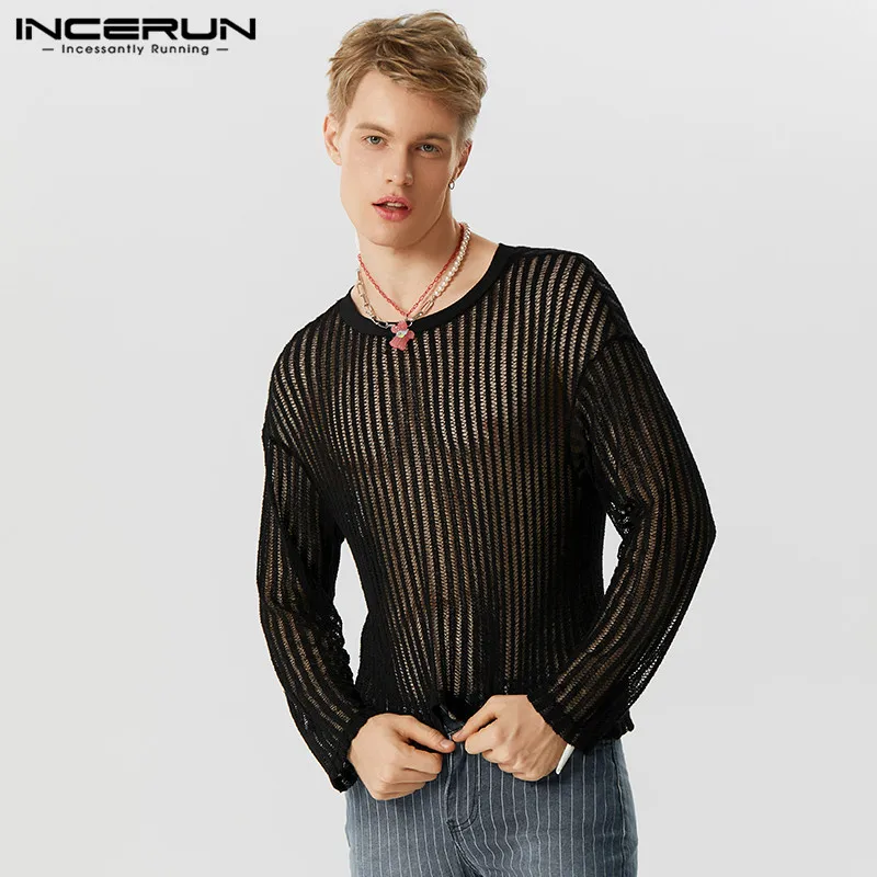 Men T Shirt Mesh Transparent Striped O-neck Long Sleeve Sexy Camisetas Streetwear Loose 2023 Fashion Men Clothing S-5XL INCERUN 1