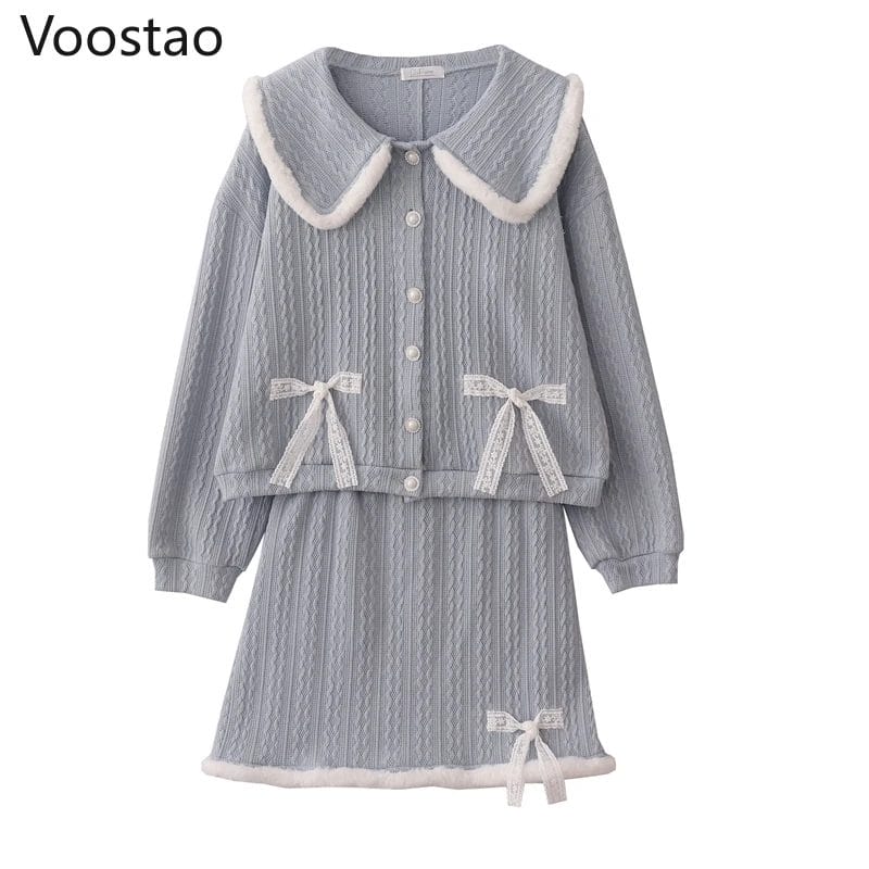 Spring Autumn Sweet Lolita Style Knitted 2 Piece Set Girly Harajuku Plush Patchwork Loose Lace Bow Coats Mini Skirts Women Suit 1