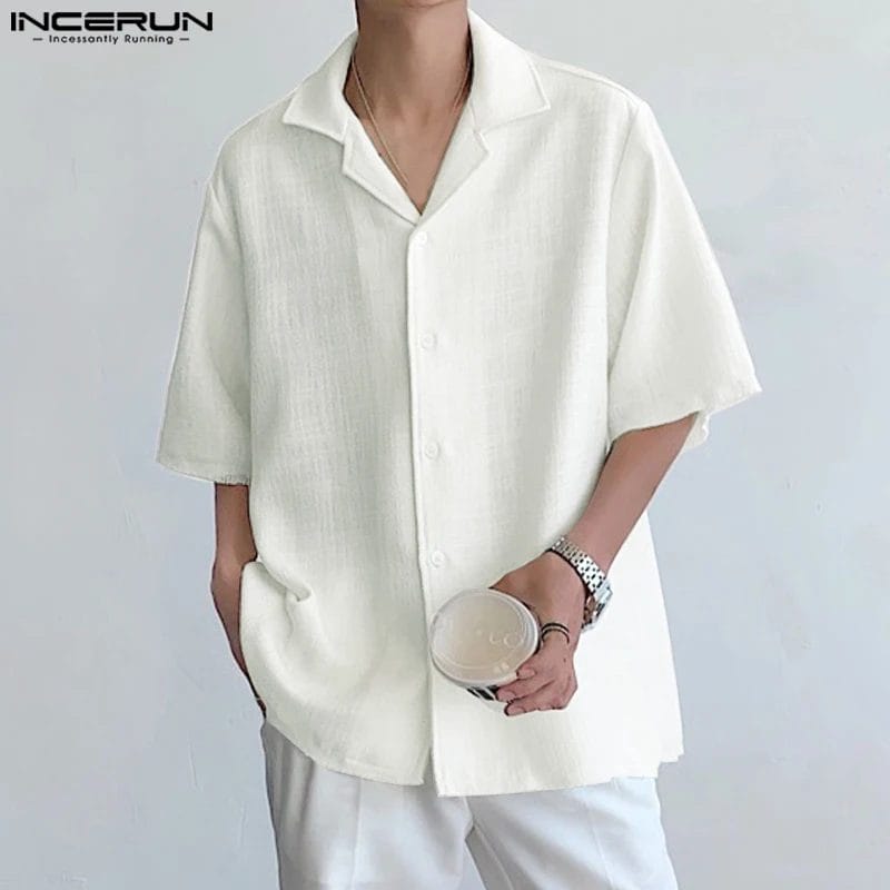 2023 Men Shirt Summer Lapel Short Sleeve Button Men Clothing Solid Color Korean Style Streetwear Casual Shirts S-5XL INCERUN 1