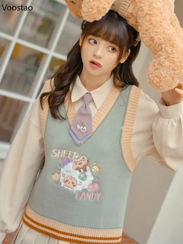 Japanese Fashion Cute Cartoon Embroidery Knitted Vest Spring Autumn Women Kawaii Sleeveless JK Sweater Girls Sweet Waistcoat 1