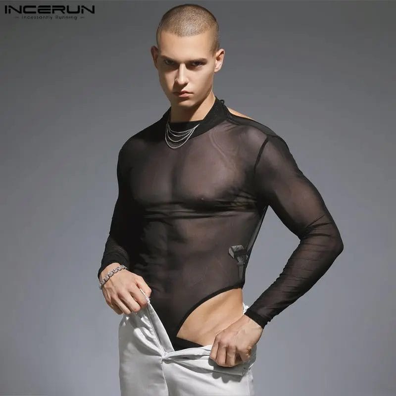Men Bodysuits Mesh Transparent Backless Solid Lace Up Streetwear Rompers O-neck Long Sleeve 2023 Fashion Bodysuit Men INCERUN 1