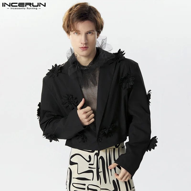 2024 Fashion Men's Blazer Flower Patchwork One Button Lapel Long Sleeve Male Crop Coats Streetwear Casual Suits INCERUN S-3XL 1