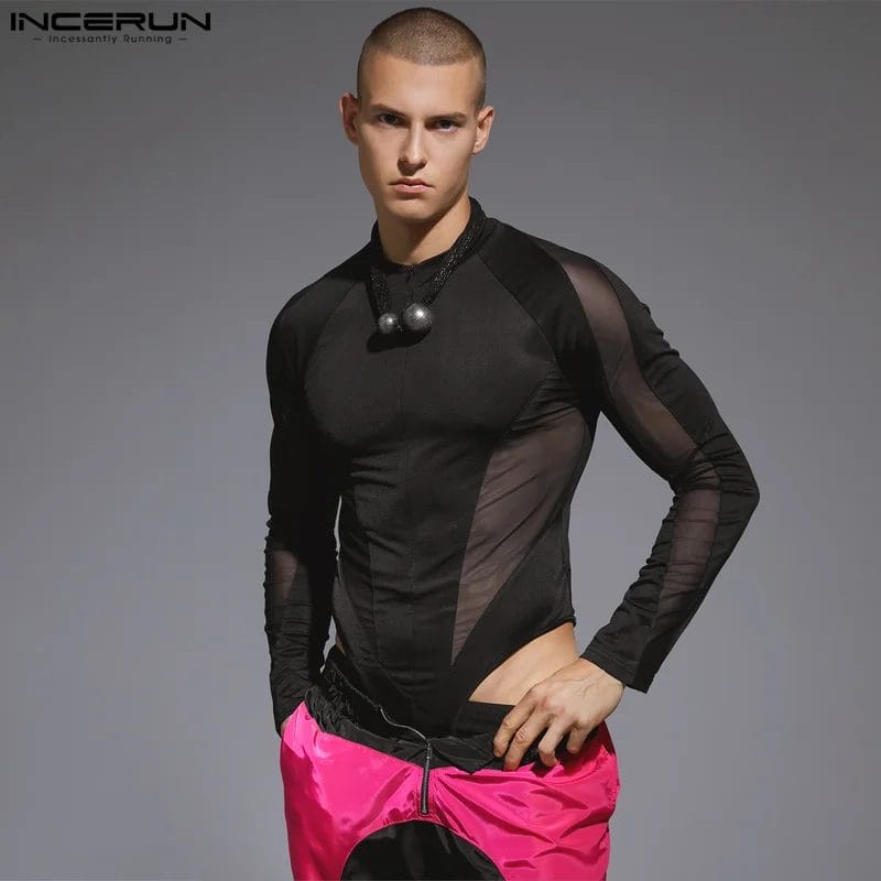 2023 Men Bodysuits Mesh Patchwork Zipper O-neck Long Sleeve Streetwear Rompers Men Transparent Sexy Fashion Bodysuit INCERUN 1