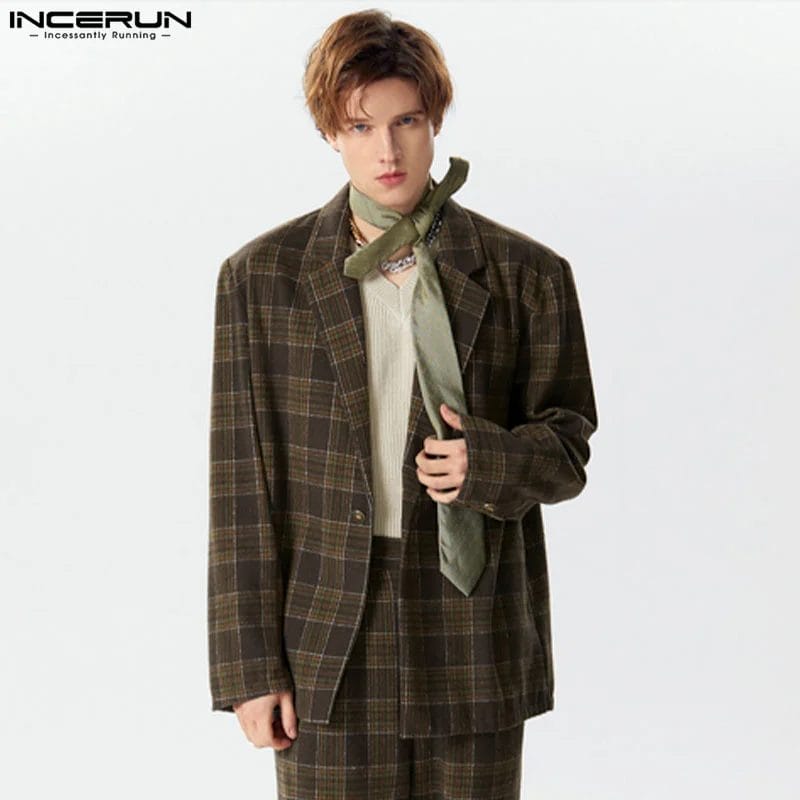 2024 Men's Plaid Blazer Lapel Long Sleeve One Button Streetwear Casual Suits Men Spring Elegant Fashion Male Coats S-5XL INCERUN 1