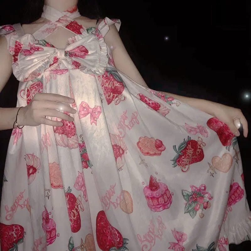 Japanese Sweet Bow Jsk Lolita Dress Women Vintage Victorian Gothic Strawberry Velvet Sleeveless Cosplay Princess Tea Party Dress 1