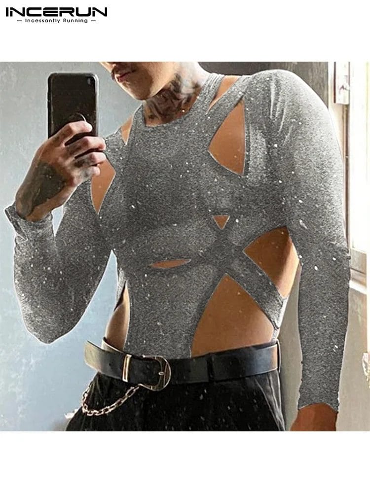 Men Bodysuits Solid Color Sexy O-neck Long Sleeve Fitness Irregular Bodysuit Men Hollow Out Streetwear Tops Romper S-5XL INCERUN 1