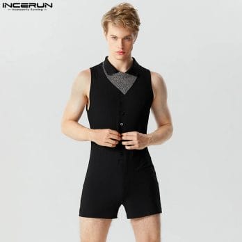 2023 Men Rompers Pajamas Solid Color Striped Homewear Lapel Short Sleeve Fashion Male Bodysuits Fitness Jumpsuits S-5XL INCERUN 3