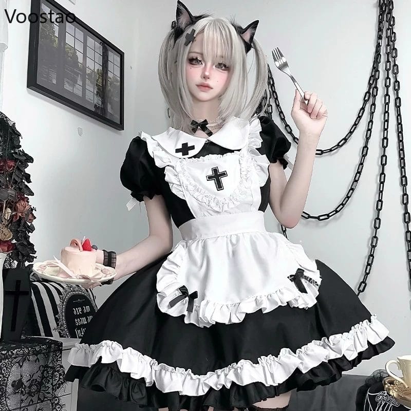 Japanese Sweet Lolita Maid Dress Cosplay Costume Women Gothic Short Sleeve Halloween Party Dresses Role Play Animation Show New 1