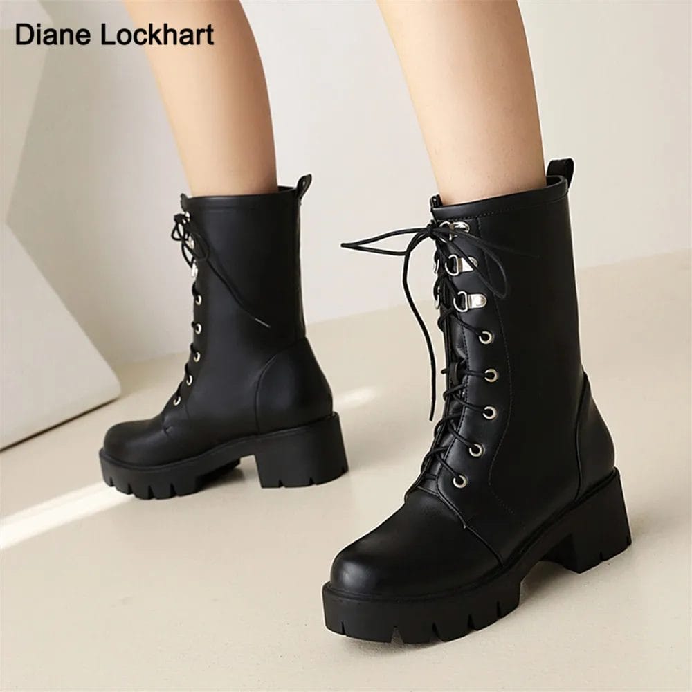 Black Brown PU Leather Ankle Boots Women Autumn Winter Round Toe Lace Up Shoes Woman Fashion Motorcycle Platform Botas size33-43 1