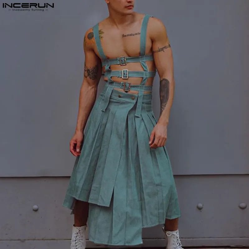 2023 Men Irregular Skirts Jumpsuits Solid Color Hollow Out Straps Men Pants Streetwear Personality Male Skirts S-5XL INCERUN 1