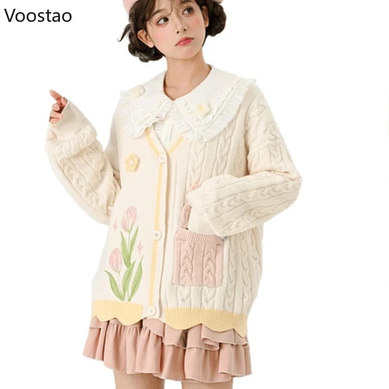 Mori Girl Style Sweet Knitted Cardigan Autumn Winter Women Kawaii Tulip Embroidery Sweater Coat Girls Cute Loose Knitwear Tops 1