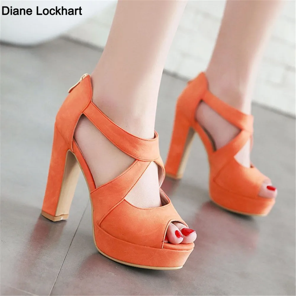 Women Platform Sandals Super High Block Heels Black Orange Pink Casual Party Office Summer Gladiator Peep Toe Zipper Ladies Shoe 1