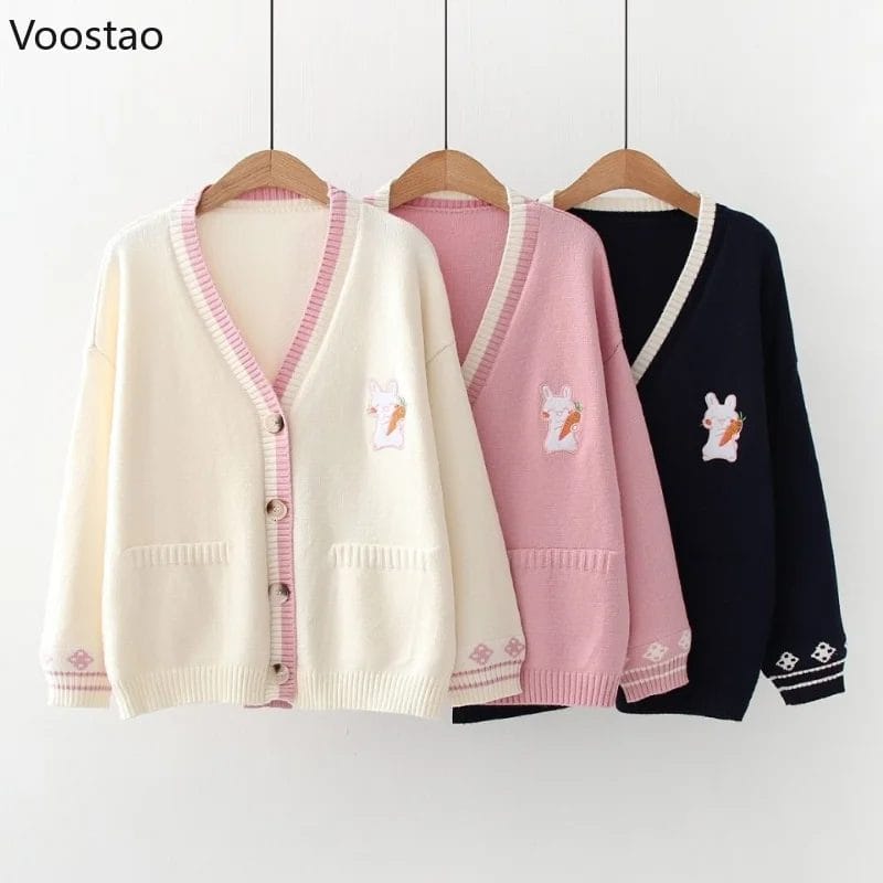 Autumn Kawaii Lolita Carrot Bunny Embroidery Sweater Girls Student Cute Loose Knitted Cardigan Winter Women Kawaii Rabbit Coats 1