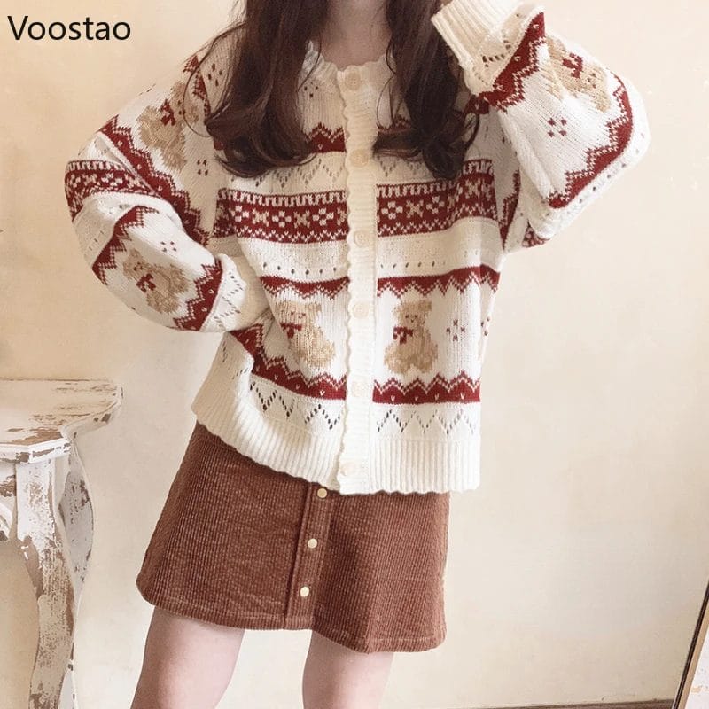 Vintage Lolita Knitted Cardigan Autumn Women Sweet Cartoon Bear Jacquard Sweater Coat Girls Japanese Kawaii Loose Knitwear Tops 1