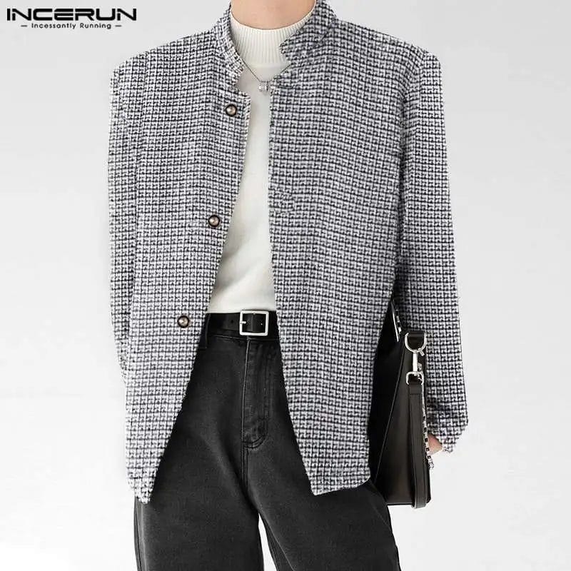 INCERUN Men Jackets Plaid Stand Collar Long Sleeve Button Autumn Men Outerwear 2023 Streetwear Fashion Casual Male Coats S-5XL 1