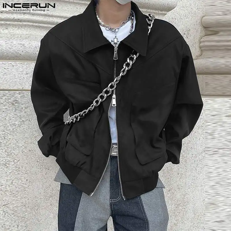 Men Jackets Solid Color Lapel Long Sleeve Zipper Loose Casual Male Coats Streetwear Pockets 2023 Korean Fashion Jackets INCERUN 1