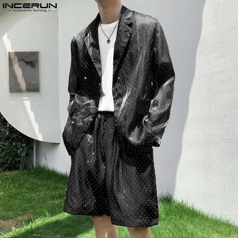 INCERUN 2023 Men Sets Polka Dot Print Lapel Long Sleeve Blazer & Shorts 2PCS Streetwear See Though Fashion Men's Casual Suits 1
