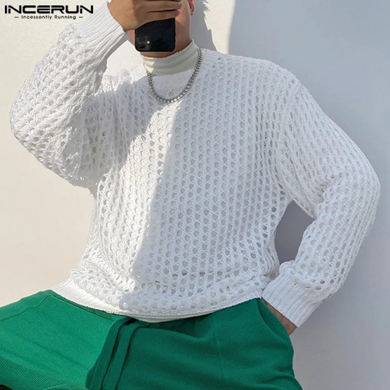 Men T Shirt O-neck Long Sleeve Solid Hollow Out Mesh Knitted Tee Tops Streetwear 2023 Transparent Loose Men Clothing INCERUN 1
