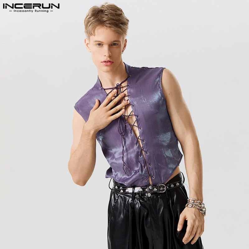 2023 Men Tank Tops Shiny V Neck Solid Color Sleeveless Lace Up Vests Streetwear Sexy Summer Fashion Men Clothing S-5XL INCERUN 1