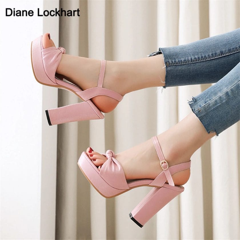 New Summer Women High Heels Wedding Party Sandals Open Toe Ankle Strap Chunky Heels Shiny Platform Sandals Ladies Shoes Pink 1