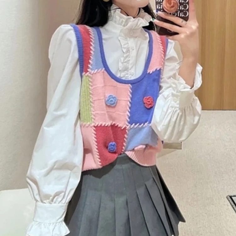 Sweet Cute Lolita Knitted Pullover Women Kawaii Flower Sleeveless JK Sweater Vest Spring Autumn Girly Korean Casual Waistcoat 1