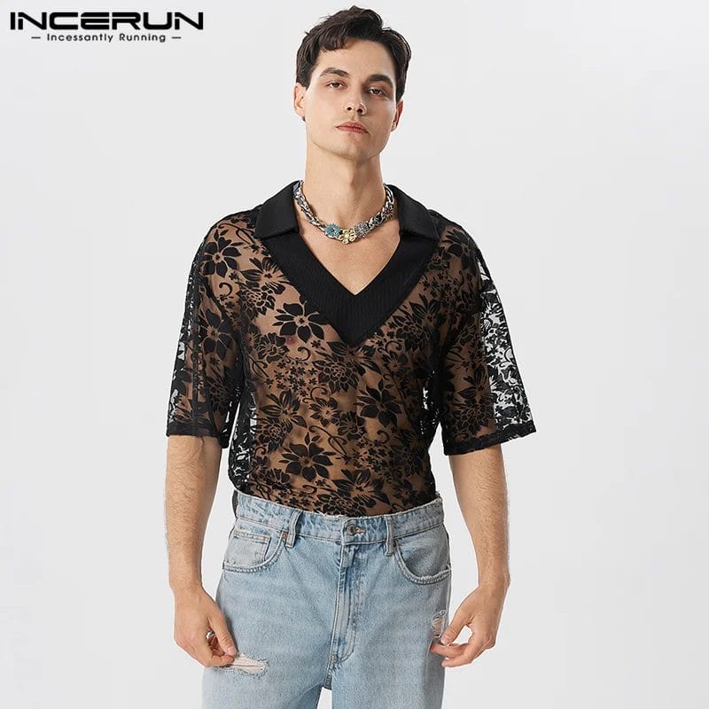 INCERUN Men Shirt Lace Mesh Patchwork Transparent V Neck Short Sleeve Sexy Men Clothing 2023 Loose Streetwear Fashion Camisas 1