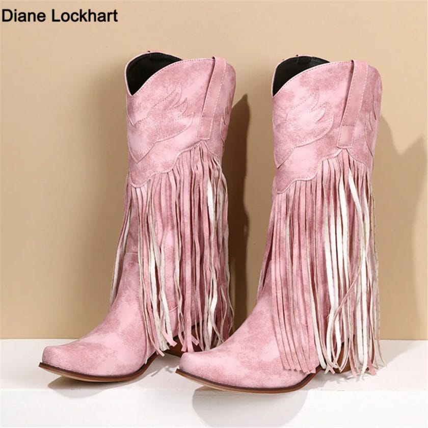 2023 New Pink Tassels Fringe Mid-Calf Western Cowboy Boots For Women Vintage Retro Point Toe Cowgirl Booties Slip On Shoes Blue 1