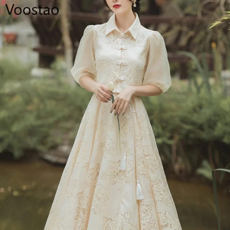 Chinese Style Vintage Summer Women Chic Puff Sleeve Slim Cheongsam Dress Female Elegant Lace Floral 2 Pieces Fairy Party Dresses 1