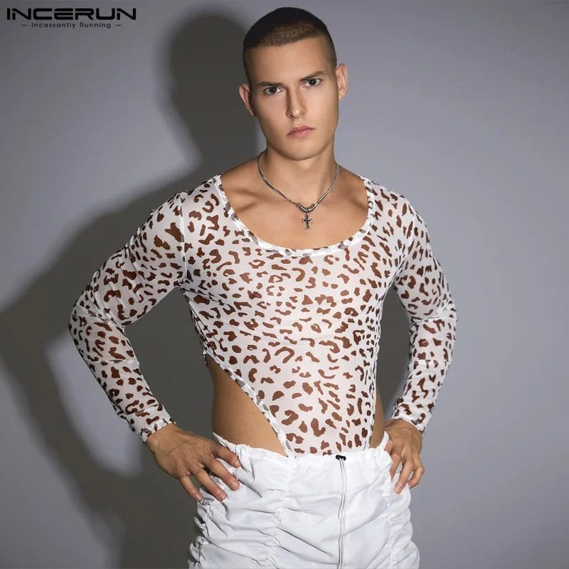 INCERUN 2023 Men Bodysuits Leopard Print O-neck Long Sleeve Streetwear Rompers Transparent Sexy Skinny Fashion Male Bodysuit 1