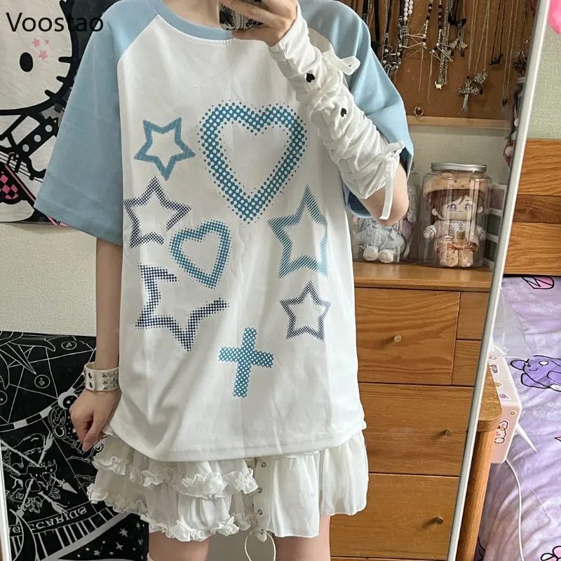 Summer Japanese Y2k Aesthetic Heart Print T-shirt Preppy Loose Chic Sweet Tshirts Women Student Kawaii Harajuku Punk Tee Shirts 1