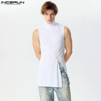 Men Tank Tops Solid Color Turtleneck Sleeveless Casual Long Style Vests Hollow Out Streetwear 2024 Fashion Men Clothing INCERUN 1