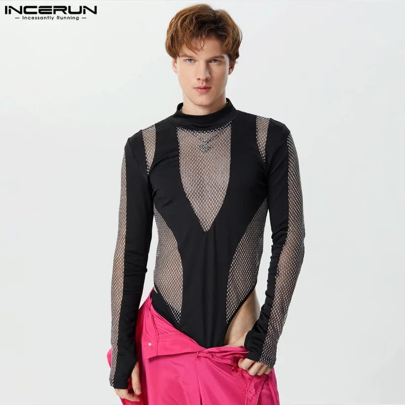 Men Bodysuits Mesh Patchwork Shiny Turtleneck Long Sleeve Fashion Men Romper Streetwear 2023 Skinny Transparent Bodysuit INCERUN 1