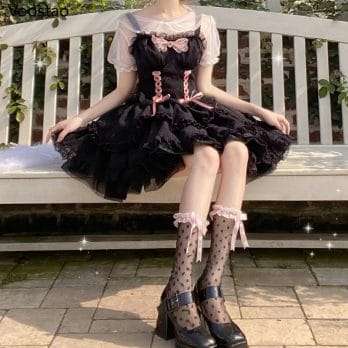 Japanese Gothic Jsk Dress Women Harajuku Sexy Bow Lace Y2k Sleeveless Bandage Party Mini Dresses Girly Sweet Princess Vestidos 2