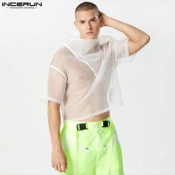 Men T Shirt Mesh Transparent Turtleneck Short Sleeve Sexy Loose Irregular Tee Tops Men Streetwear 2023 Fashion Camisetas INCERUN 3