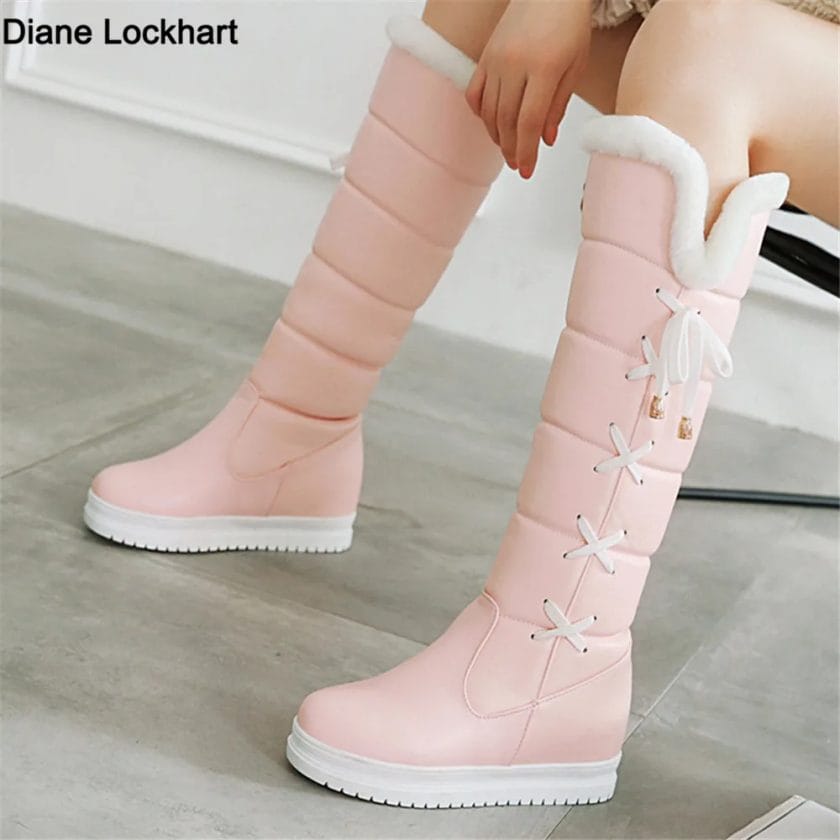 2023 Winter Warm Pink White Snow Boots Women Shoes Low Heels Knee High Boots Female Lace-up Platform Plush Long Boats Mujer 1