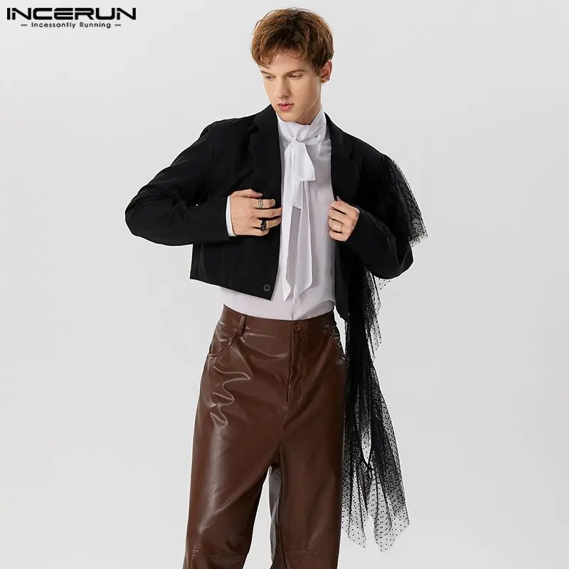 2023 Men Blazer Lace Patchwork Lapel Long Sleeve Casual Suits Men Autumn One Button Streetwear Fashion Crop Coats INCERUN S-5XL 1