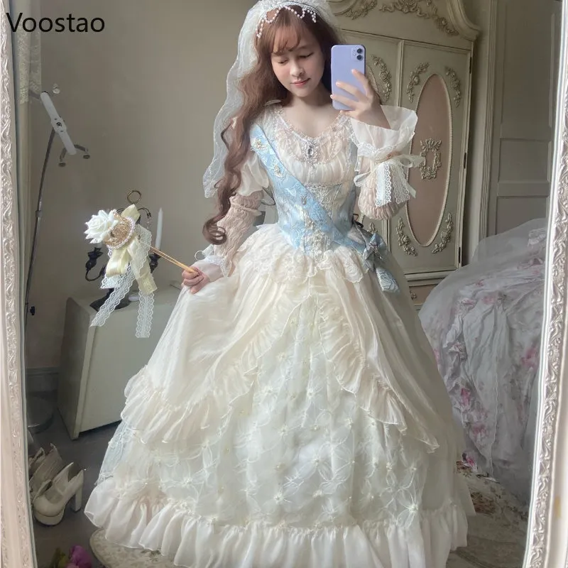 Victorian Vintage Lolita Princess Dress Elegant Women Pearl Lace Embroidery Flower Wedding Dresses Girly Sweet Party Long Dress 1