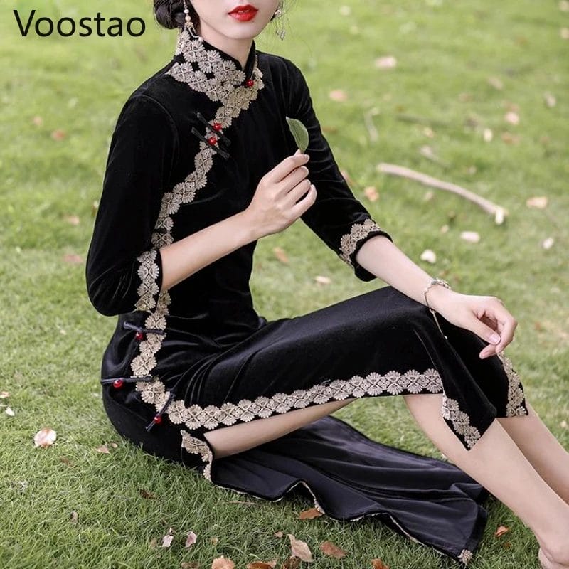 Chinese Style Traditional Velvet Cheongsam Dress Women Chic Jacquard Lace Qipao Party Dresses Vintage Elegant Sexy Slim Clothes 1