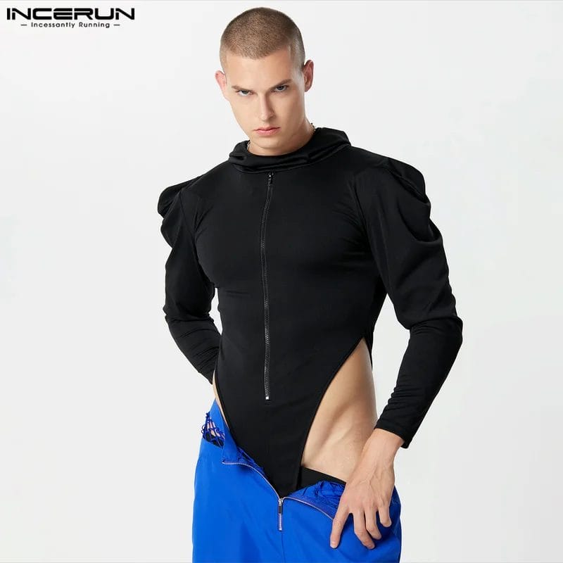 2023 Men Bodysuits Solid Color Hooded Zipper Long Sleeve Streetwear Fashion Rompers Skinny Casual Male Bodysuit S-5XL INCERUN 1