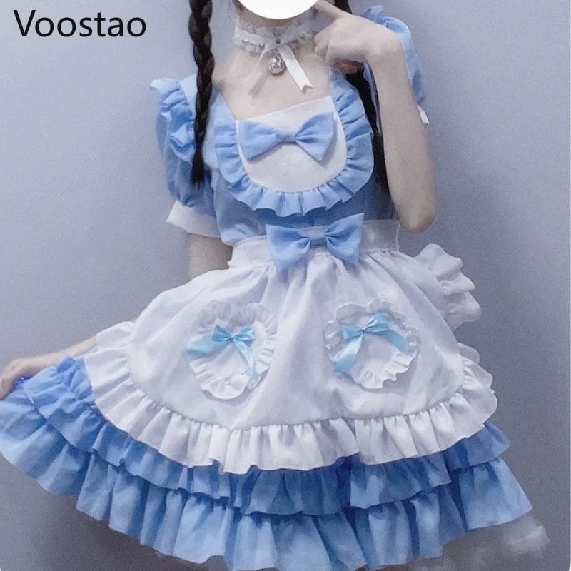 Japanese Kawaii Lolita Dress Girls Sweet Cream Sweetheart Maid Cosplay Blue Mini Dresses Women Vintage Cute Bow Ruffles Outfit 1