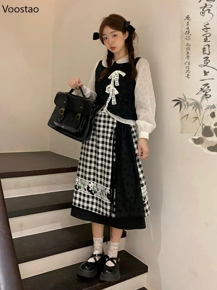 Autumn Vintage Sweet Plaid Skirt Sets Women Chinese Style Lace Bow Blouse Tops Panda Print Midi Skirts Suit Female Chic Outfits 1