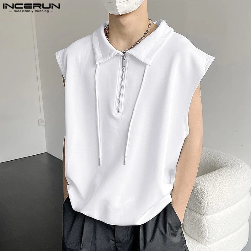INCERUN 2024 Men's Tank Tops Solid Lapel Sleeveless Zipper Streetwear Male Vests Loose Korean Fashion Casual Men Clothing S-5XL 1